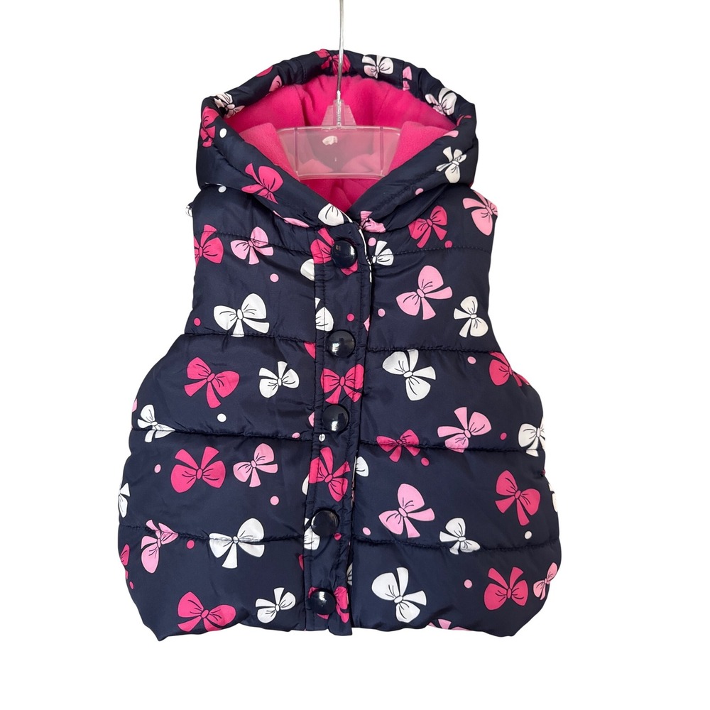 Gymboree girls' hooded puffer vest blue pink‎ bows pink fleece lining 12-24 mths